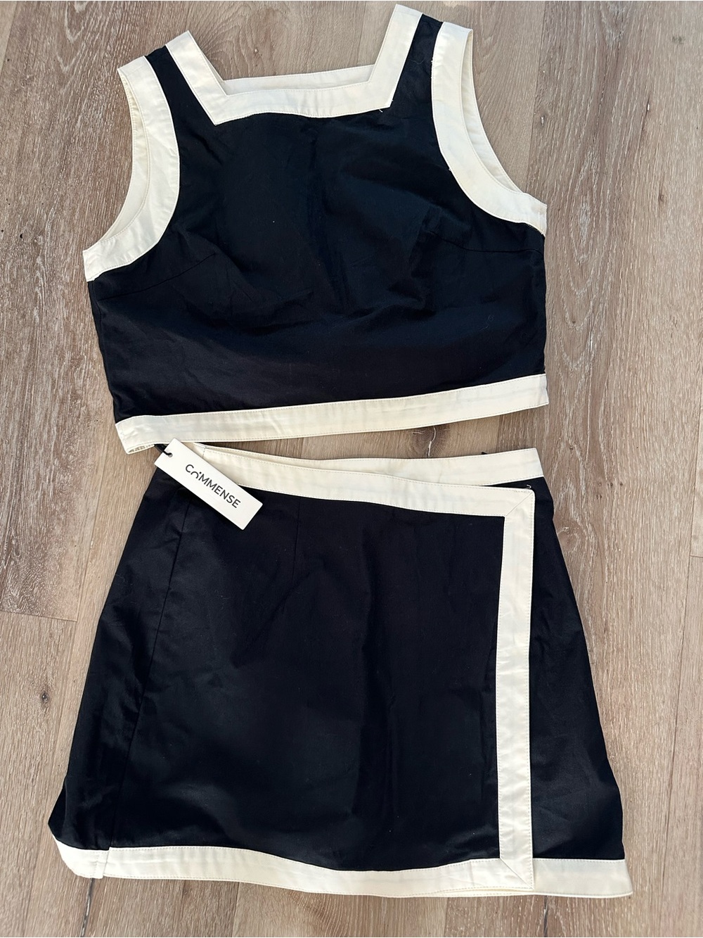 NWT COMMENSE Black Ivory Contrast Trim Two Piece Skirt Set Size S Cotton